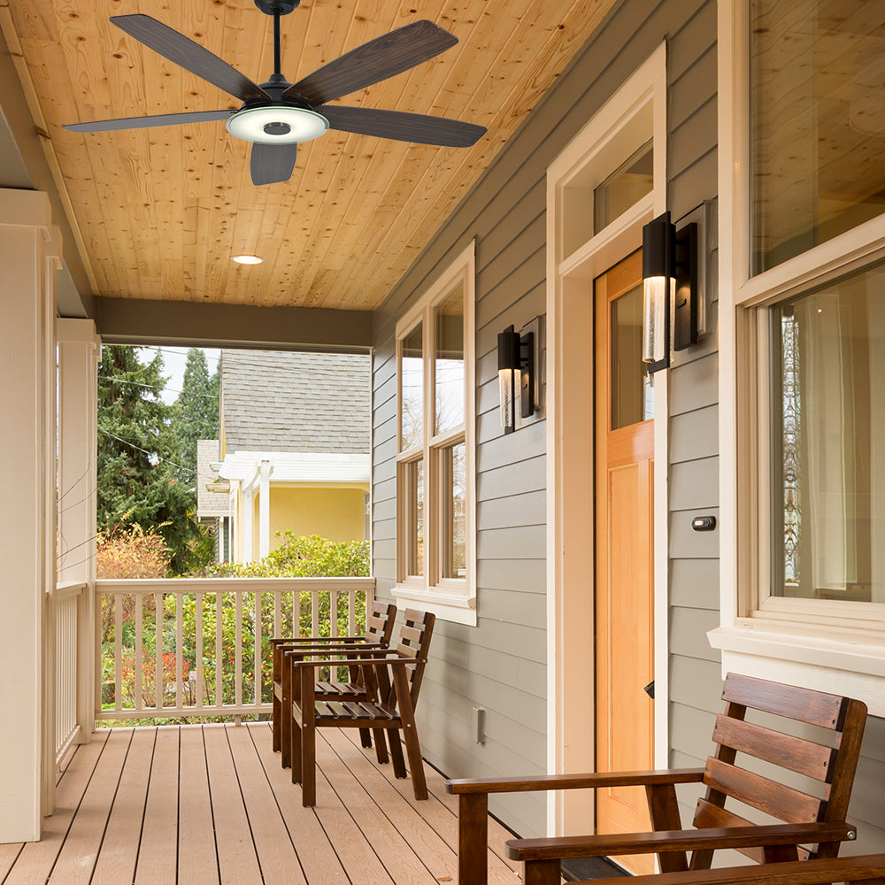 Carro Striker 56 inch outdoor ceiling fan with 5 dark wood fan blades design, installed in outdoor patio.