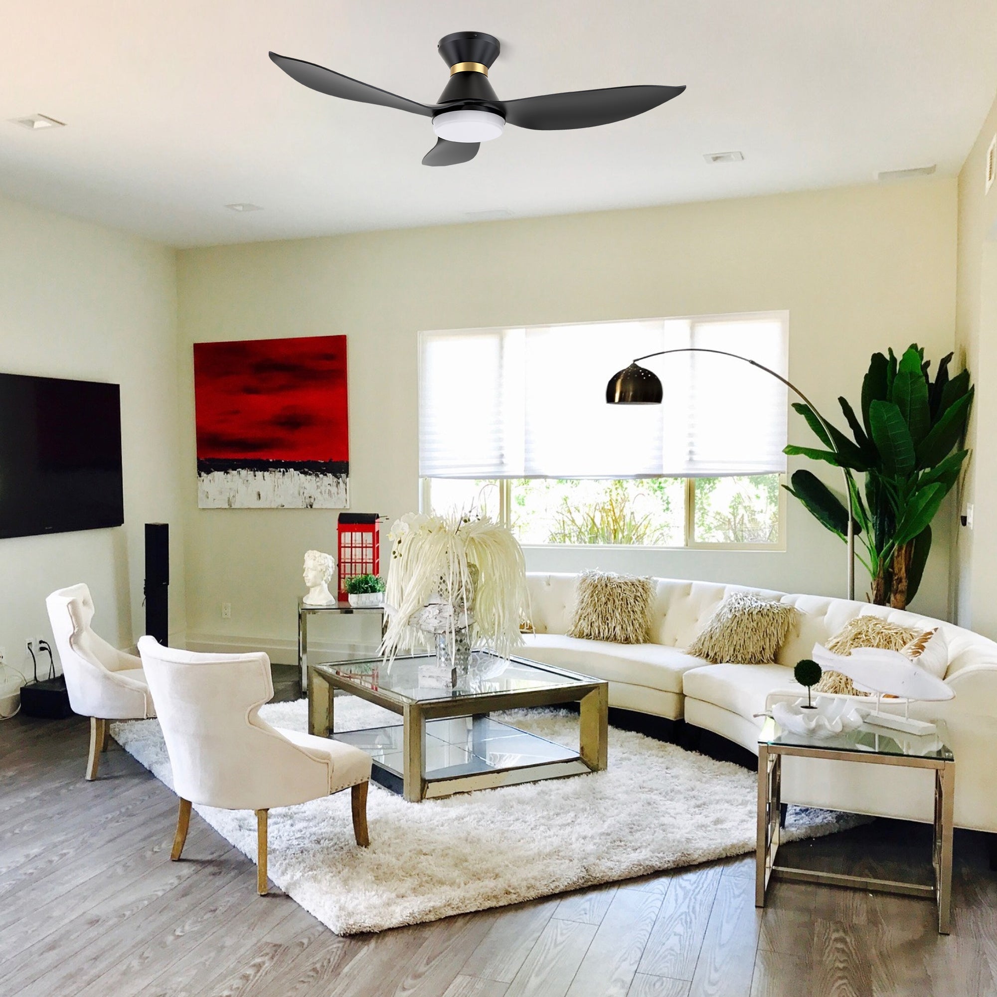 The Smafan Joliet Smart Ceiling Fan with 3 blades and a 45-iade of nch blade sweep with a swift modern appearance. Its compact size is perfect for smaller bedrooms.