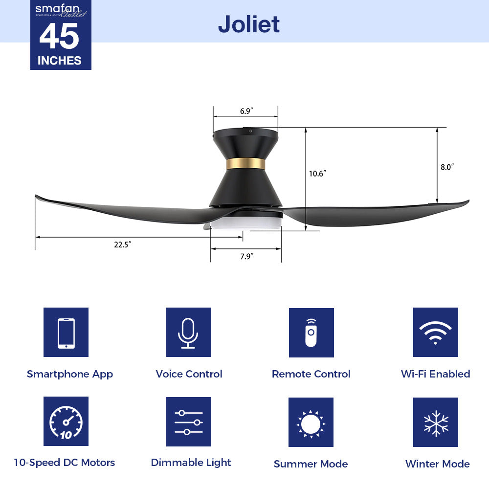 The Smafan Joliet Smart Ceiling Fan with 3 blades and a 45-iade of nch blade sweep with a swift modern appearance. Its compact size is perfect for smaller bedrooms.