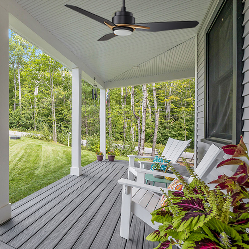 This Tilbury 56-inch outdoor ceiling fan features a modern design and an integrated LED light kit.