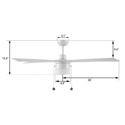 Dimension figure of 52 inch white ceiling fan with light.