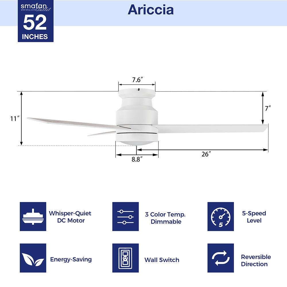 The dimension image of 52-inch flush mount white ceiling fan with LED light and wall switch control. 