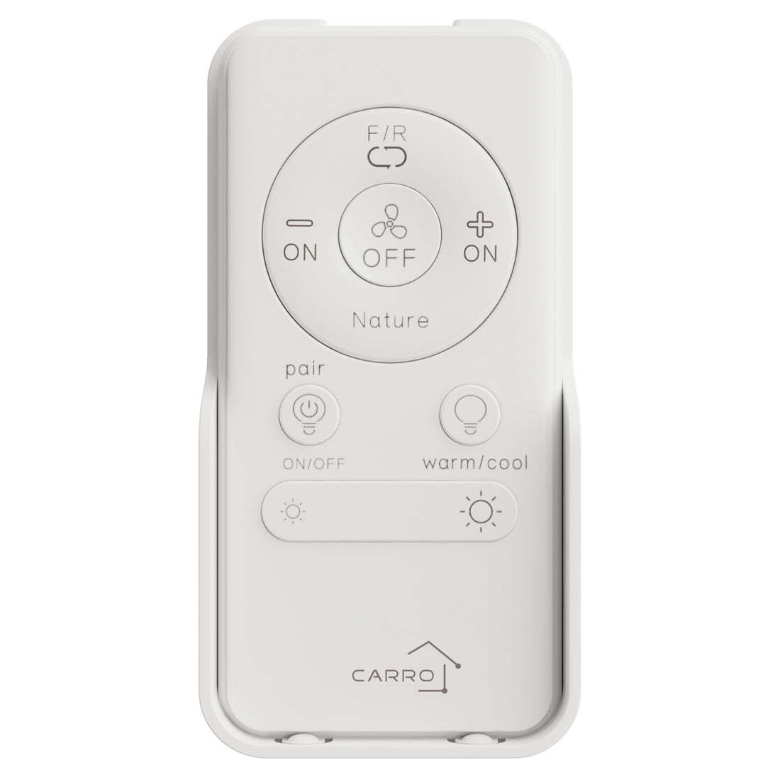 An image of a white handheld remote control for a DC Motor Ceiling Fan with light (non-smart), featuring a sleek design with buttons for fan speed, light on/off, and warm/cool settings. The remote includes a "pair" function, forward/reverse (F/R) control, and dimming options, displayed against a white background, highlighting its functionality for customizable airflow and lighting in indoor or outdoor settings.