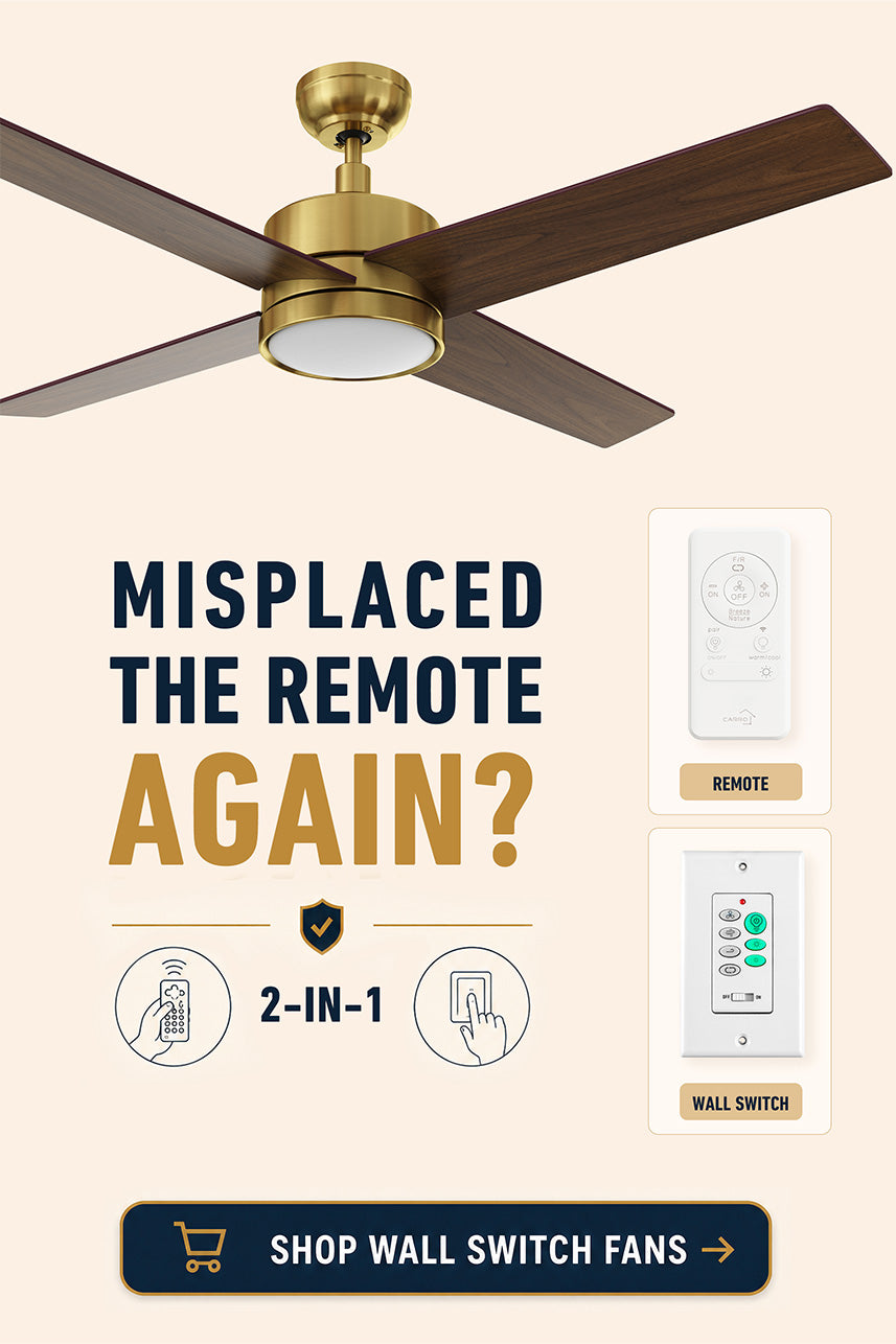 A woman using a smart wall switch to control a modern 5-blade wood ceiling fan with light in a cozy, neutral-toned living room. Ad text reads "CONTROL AT A GLANCE" with a "Shop Now" button.