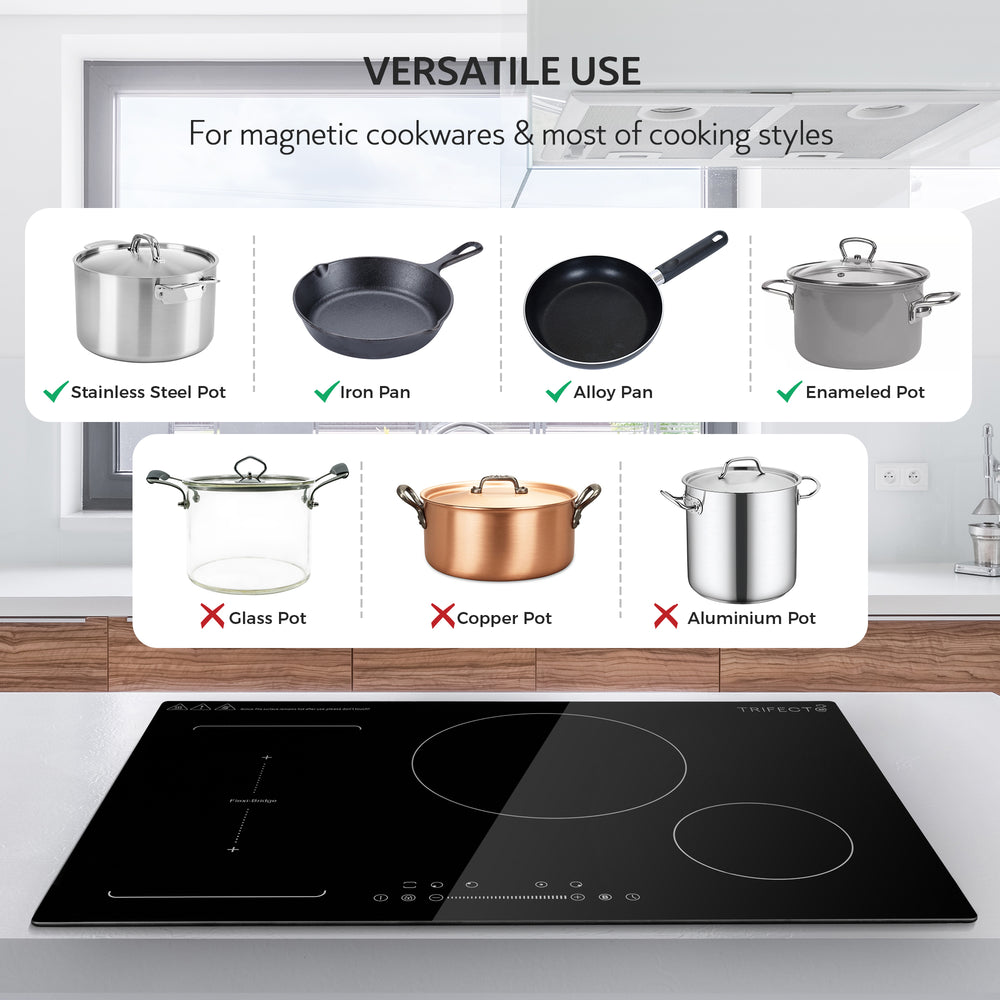 induction cooktop compatible cookware: materials like Carbon Steel, Stainless Steel with magnetic base, Enamel Iron Steel and Cast Iron are commonly induction compatible, while materials like Copper, Glass and Aluminum are Not.