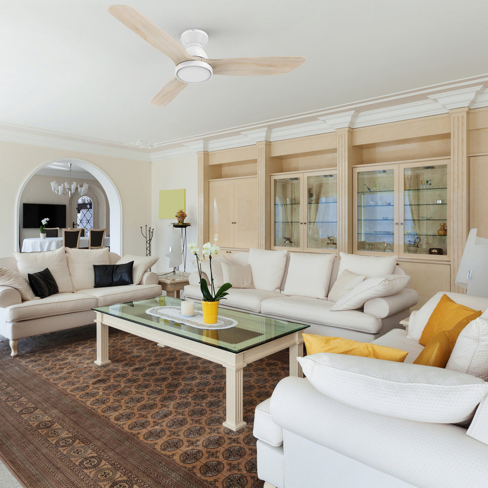 Lainey 52-inch low profile remote ceiling fan with light, installed in a modern living room. 