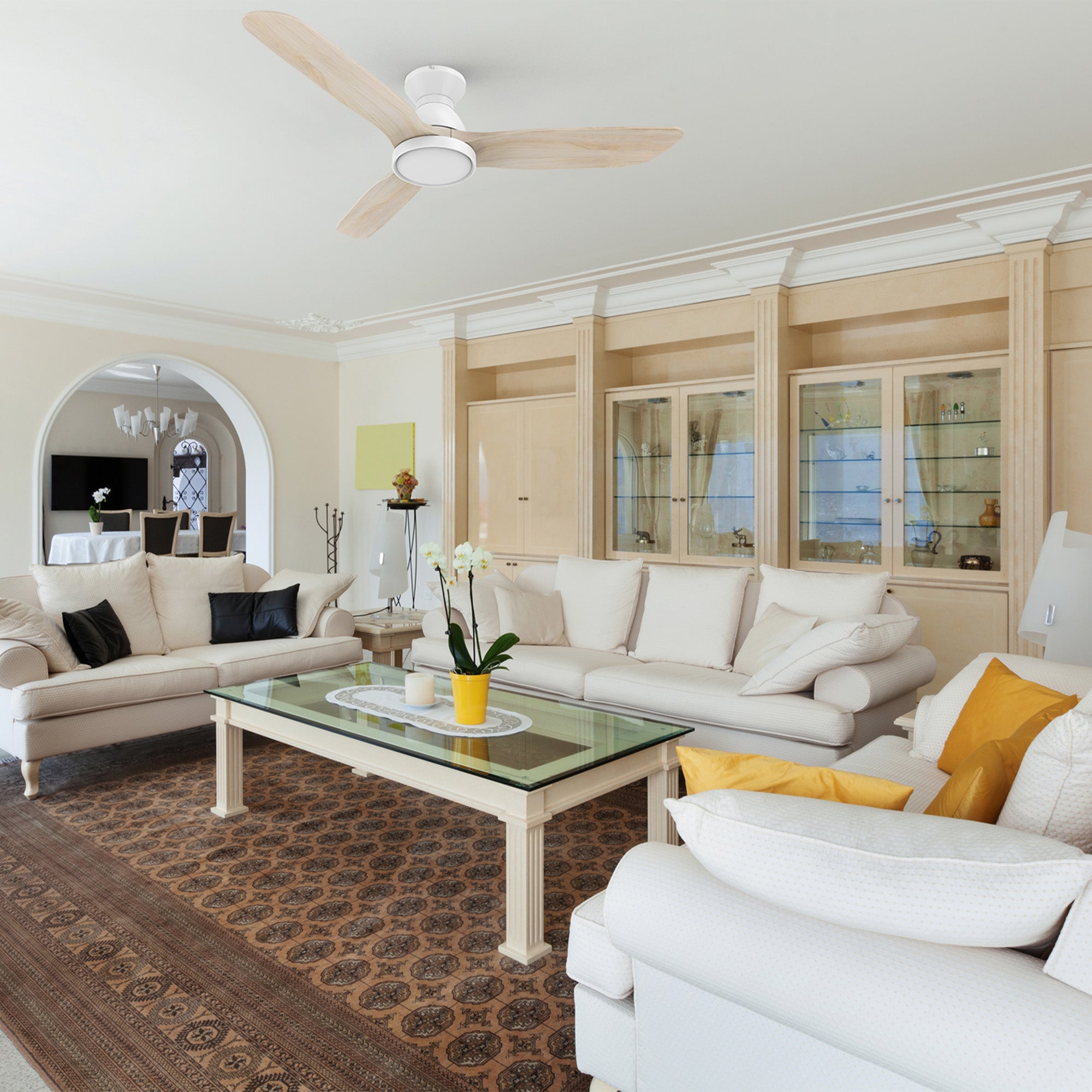 Lainey 52-inch low profile remote ceiling fan with light, installed in a modern living room. 