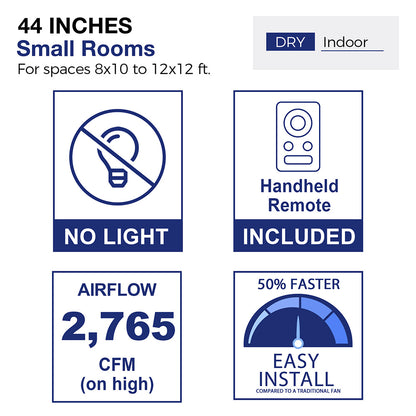 Diagram of a 44-inch ceiling fan designed for small indoor rooms measuring 8x10 to 12x12 feet, specifically for dry environments. The image illustrates a stylized living room layout with furniture, showcasing the fan&