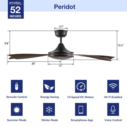 Features of Peridot 52-inch smart ceiling fan without light, including energy savings, 10-speed DC motor, smartphone app control, and summer/winter mode. 