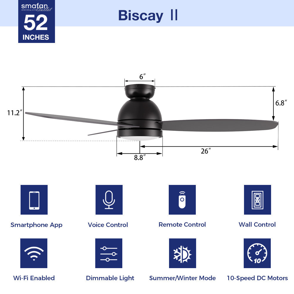 Carro Biscay II 52-inch smart ceiling fan in black-gold finish with 3 blades, featuring Wi-Fi connectivity, smartphone/voice/remote/wall controls, dimmable LED light, and 10-speed DC motor with summer/winter mode - installation diagram showing measurements. 