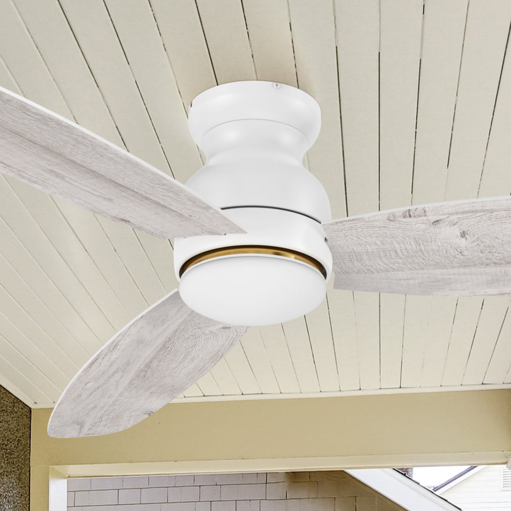 Carro Arran 44 inch modern ceiling fan with lights, a sleek silhouette, elegant blades, and a timeless white and wood finish. 