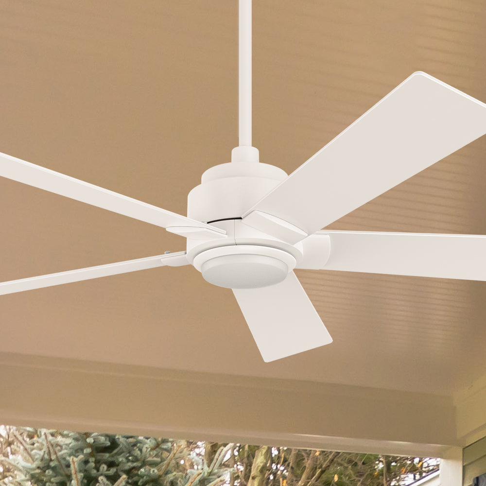 Carro Aspen 52 inch smart ceiling fan with White finish, use elegant Plywood blades and has an integrated 4000K LED cool light. 