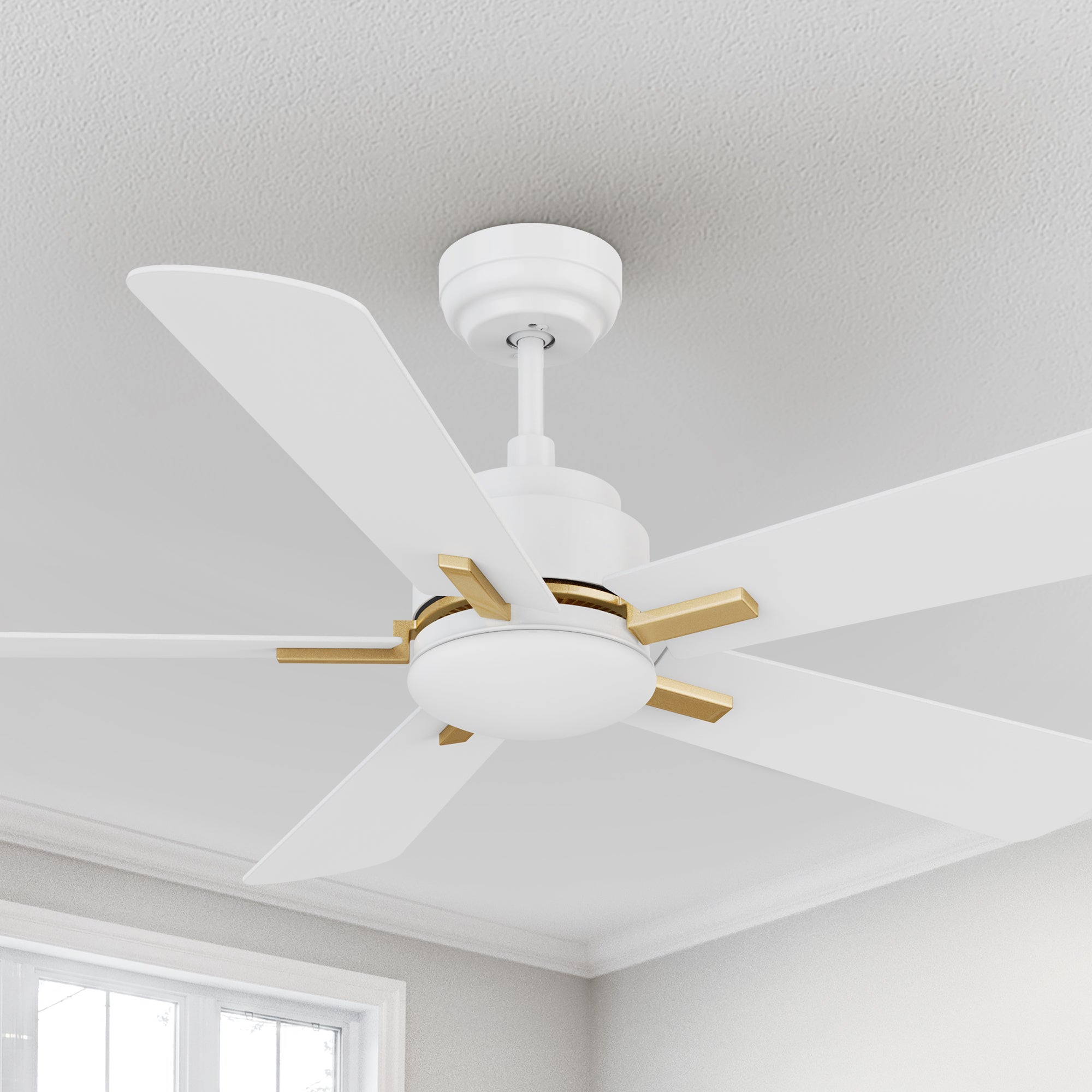Carro Elgin 52 inch smart outdoor ceiling fan with light designed with white and gold finish, elegant Plywood blades and integrated 4000K LED cool light. 
