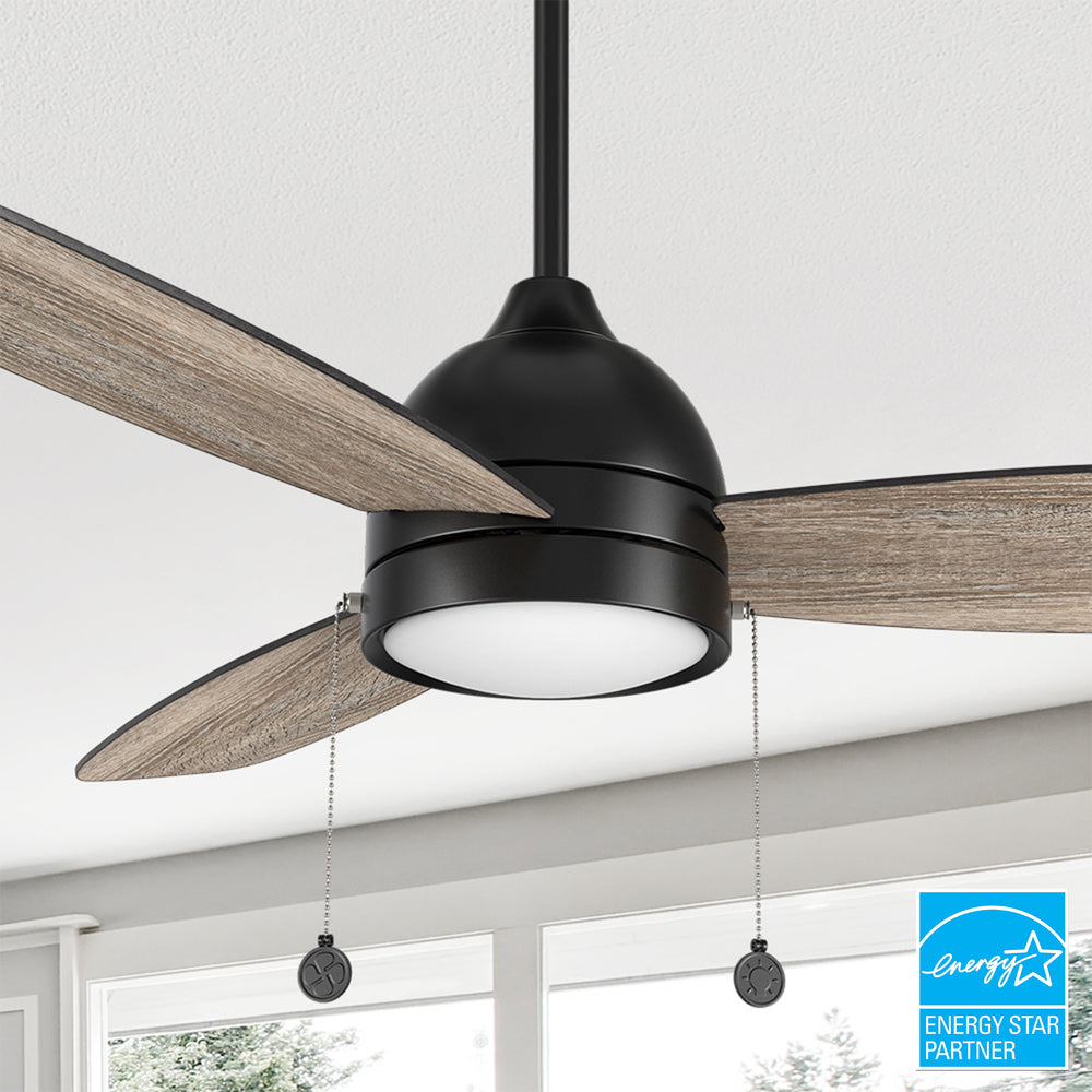 Carro Tesoro 52 inch Pull-Chain Ceiling Fan with downrod mounted, designed with wooden exterior, elegant plywood blades, and a charming LED light cover. 