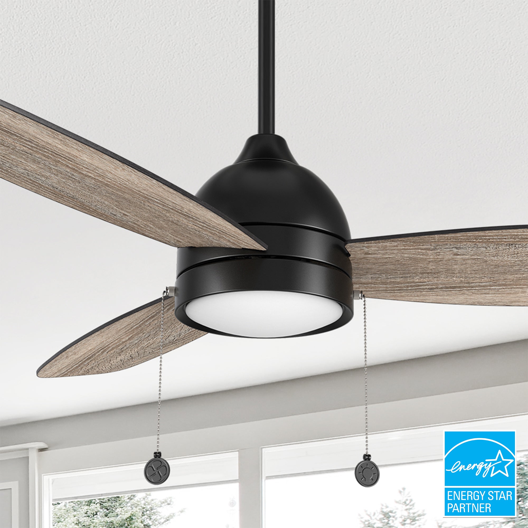 Carro Tesoro 52 inch Pull-Chain Ceiling Fan with downrod mounted, designed with wooden exterior, elegant plywood blades, and a charming LED light cover. 