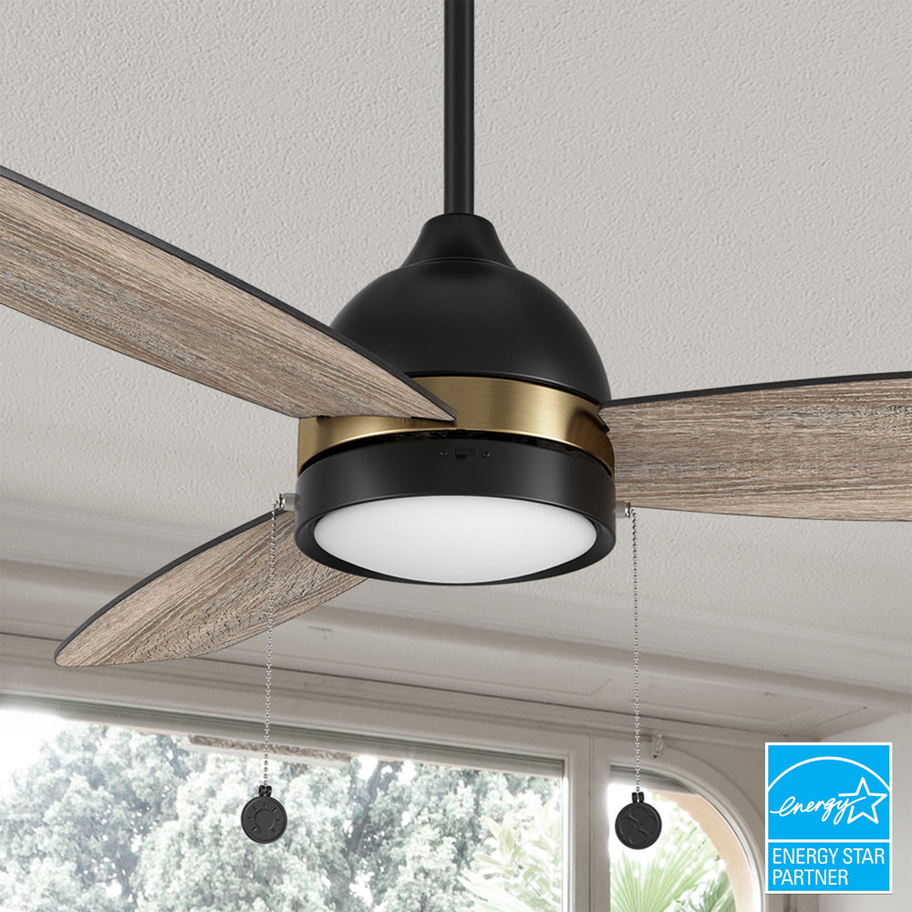 Carro Tesoro 52 inch Pull-Chain Ceiling Fan designed with wooden exterior, elegant plywood blades, and a charming LED light cover. 