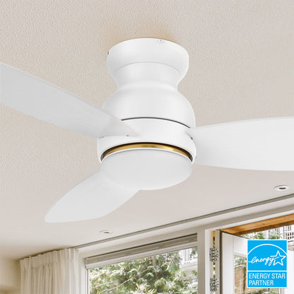 Smafan 48 inch Trendsetter smart ceiling fan designed with white finish, elegant Plywood blades and integrated 4000K LED daylight. 