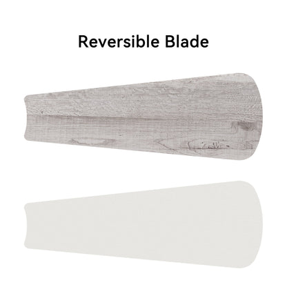 The cloesd view of two ceiling fan blades in white and White-Light Taupe Oak color. 