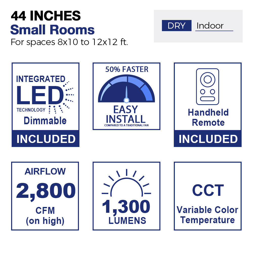 Diagram of a 44-inch ceiling fan designed for small indoor rooms measuring 8x10 to 12x12 feet, specifically for dry environments. The image illustrates a stylized living room layout with furniture, showcasing the fan&