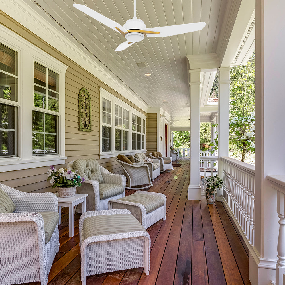 This Tilbury 52-inch outdoor ceiling fan with white &amp; gold color features a modern design and an integrated LED light kit. 