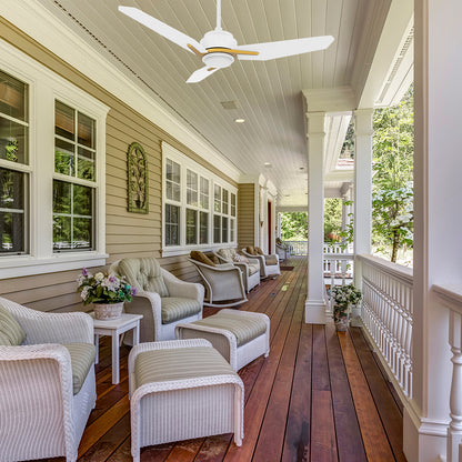 This Tilbury 52-inch outdoor ceiling fan with white &amp; gold color features a modern design and an integrated LED light kit. 