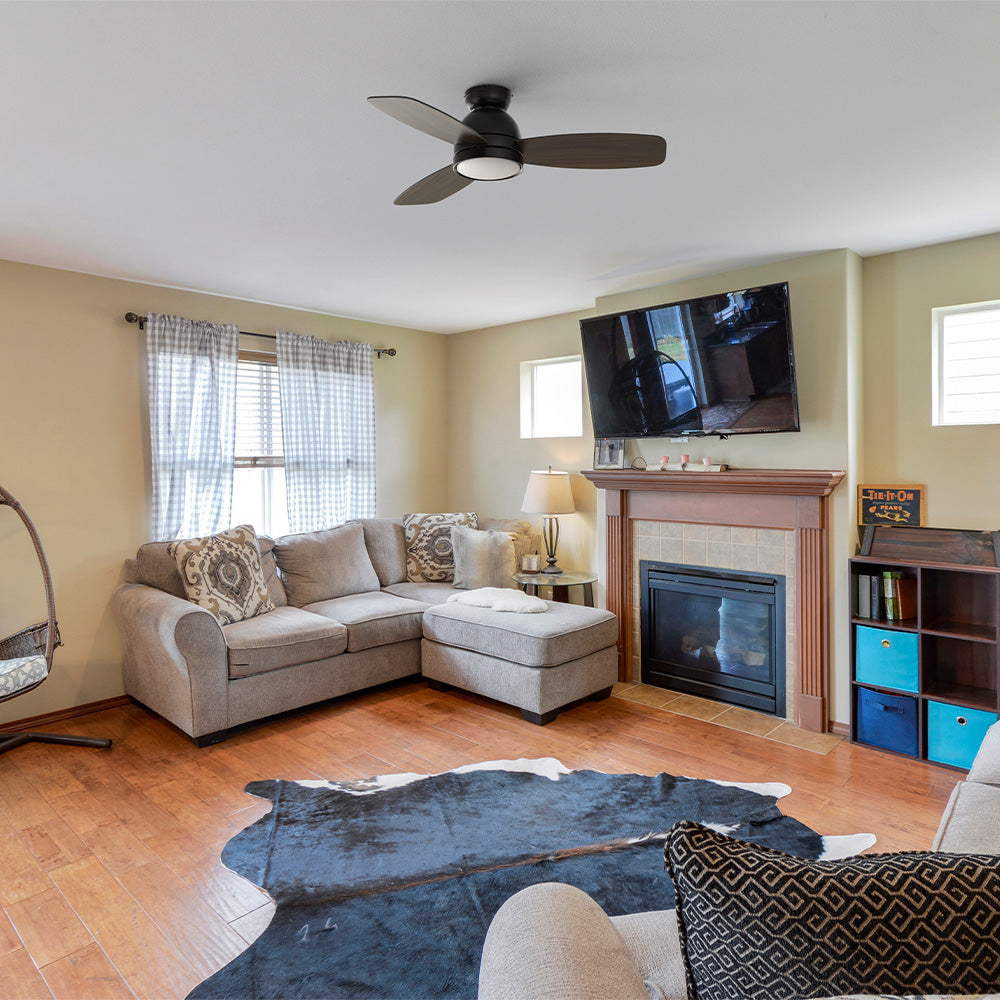 Thibault 44inch black ceiling fan with dimmable led light and remote in modern living room. 