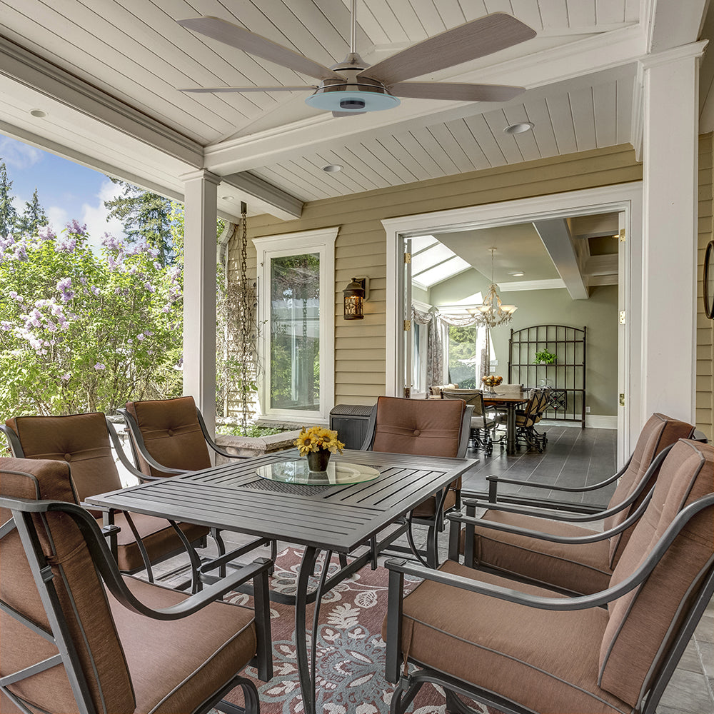 Smafan Striker 52 inch outdoor ceiling fan with silver fan blades design, and an 6/12 in extended rod, mounting in a outdoor patio. 