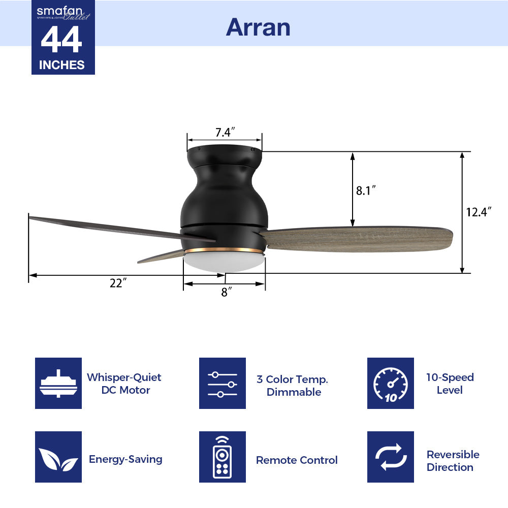 Create the home environment of your dreams with the versatile and powerful Arran 44 /48 /60 inches modern ceiling fan with lights! On the inside, The remote control ceiling fan features advanced motor and lighting technology for energy efficiency and precise control. On the outside, the Arran low profile ceiling fan features a sleek silhouette, elegant blades, and a timeless black or white finish for the ideal fit in any home interior! 