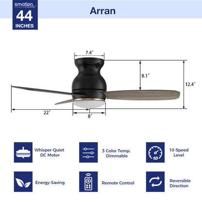 Create the home environment of your dreams with the versatile and powerful Arran 44 /48 /60 inches modern ceiling fan with lights! On the inside, The remote control ceiling fan features advanced motor and lighting technology for energy efficiency and precise control. On the outside, the Arran low profile ceiling fan features a sleek silhouette, elegant blades, and a timeless black or white finish for the ideal fit in any home interior! 