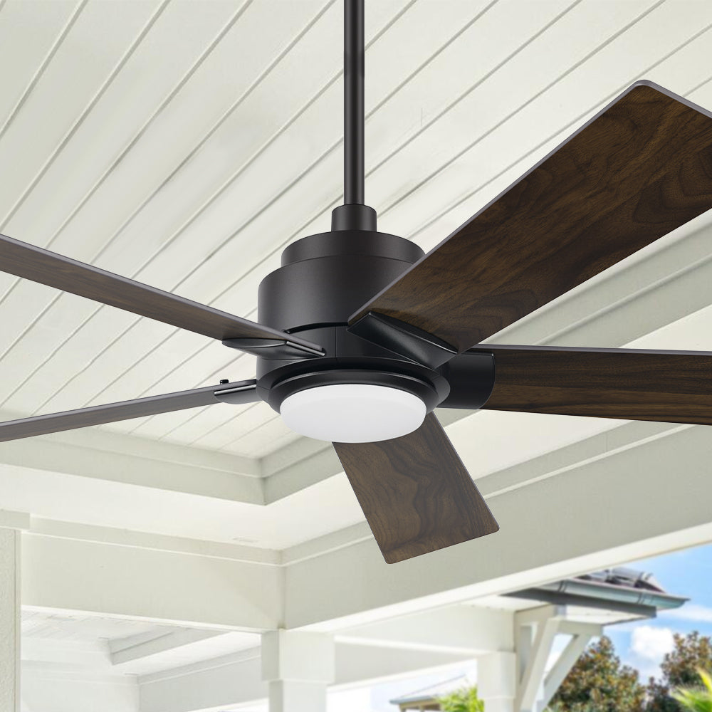 Smafan Carro Aspen 52 inch smart outdoor ceiling fan with LED light kit and 6-in downrod, dark wood design. 