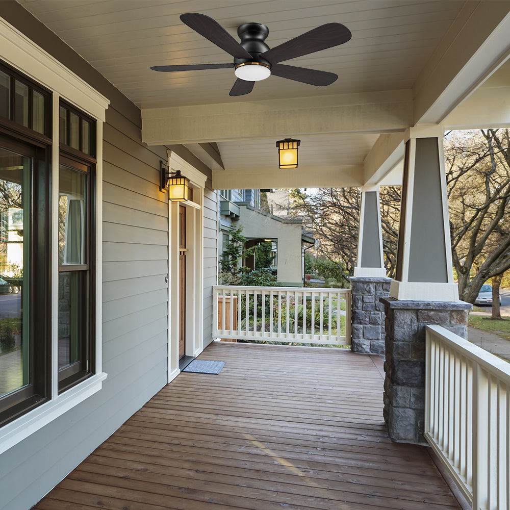 Smafan Carro Kaze 48 inch outdoor ceiling Fan with light kit, 5 wooden plywood fan blades, low profile design, installed in a house balcony. 
