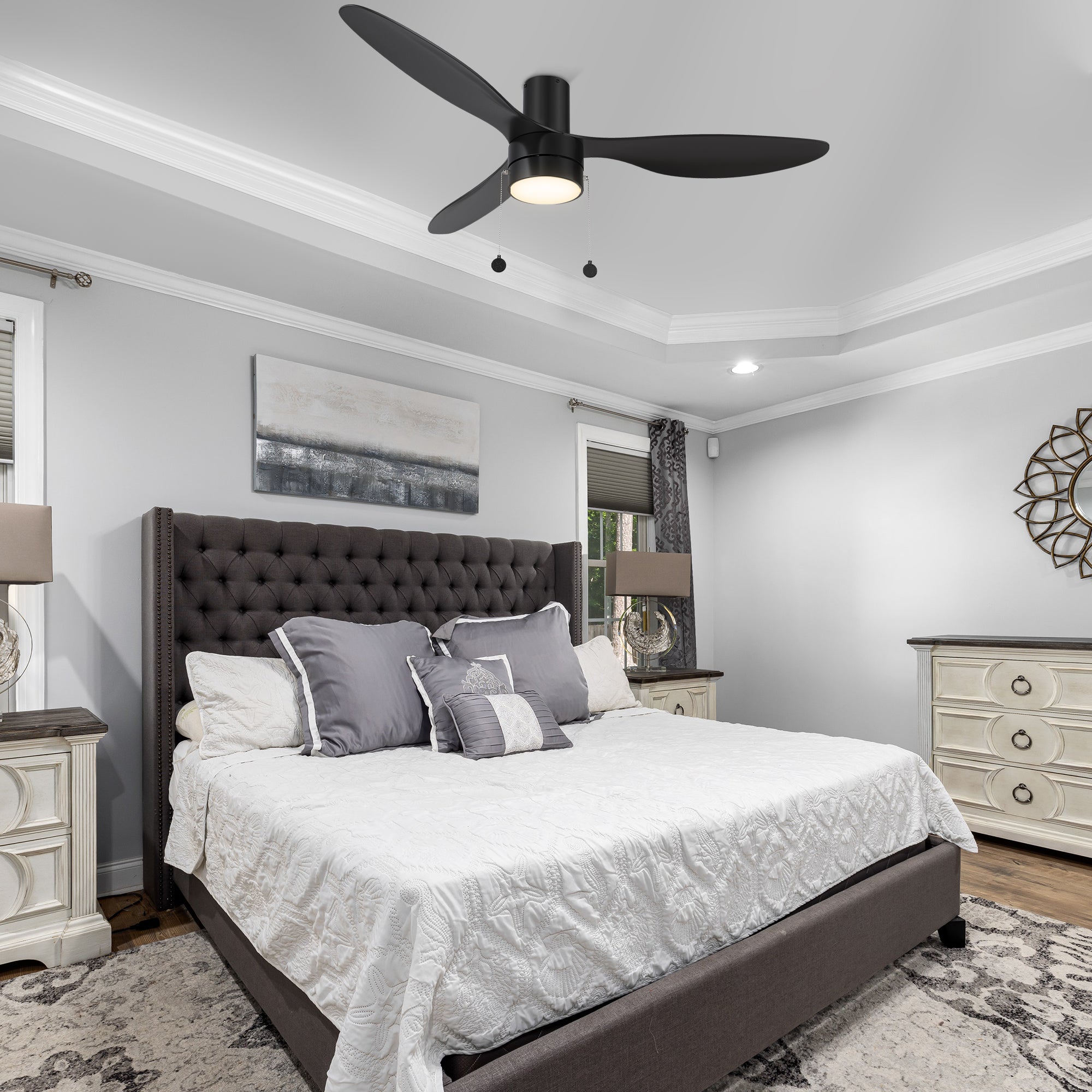 The Lorain 52 inch Ceiling Fan with pull chain will keep your living space cool, bright, and stylish. This soft modern masterpiece is perfect for large indoor living spaces. The fan boasts a simple design with a Black finish, very strong ABS blades, and an integrated 4000K LED cool light. Additionally, the fan features pull chain switches that allow you to easily set fan speeds and lighting preferences. 