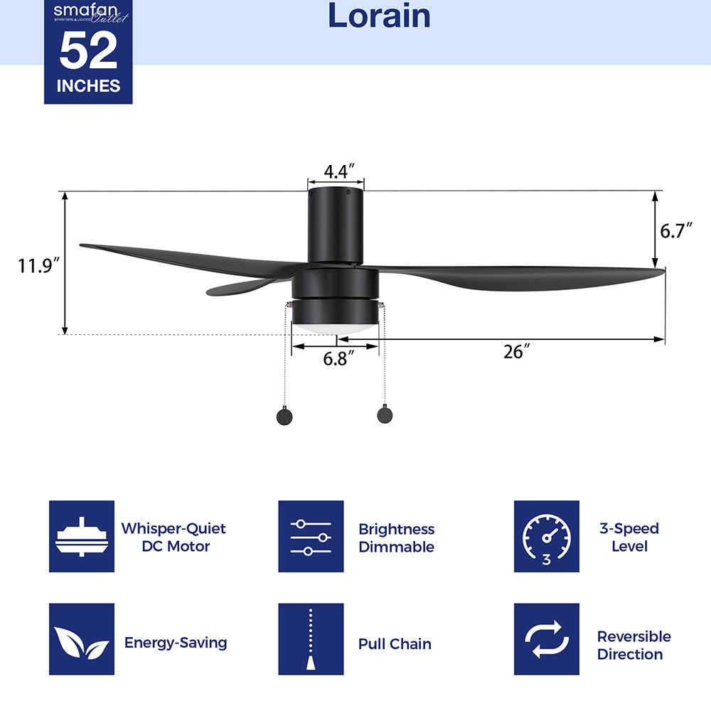 Smafan Carro Vesper 52 inch pull chain ceiling fan with light, size detail. 