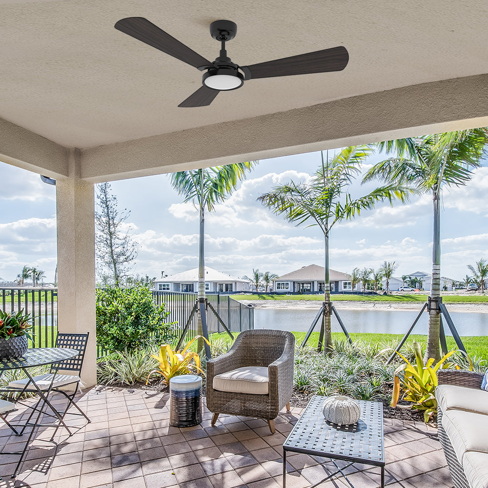 Smafan Carro Viter 56 inch smart outdoor ceiling fan, 3 dark wood fan blades design, 6 inch downrod included, installed in outdoor garden. 