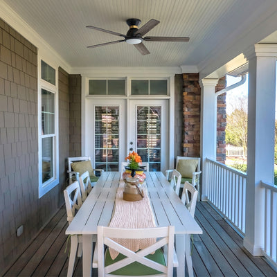 This smafan Essex outdoor ceiling fan in dark-wood with smart and 10-speed control is the perfect solution for any outdoor living space. #color_dark-wood